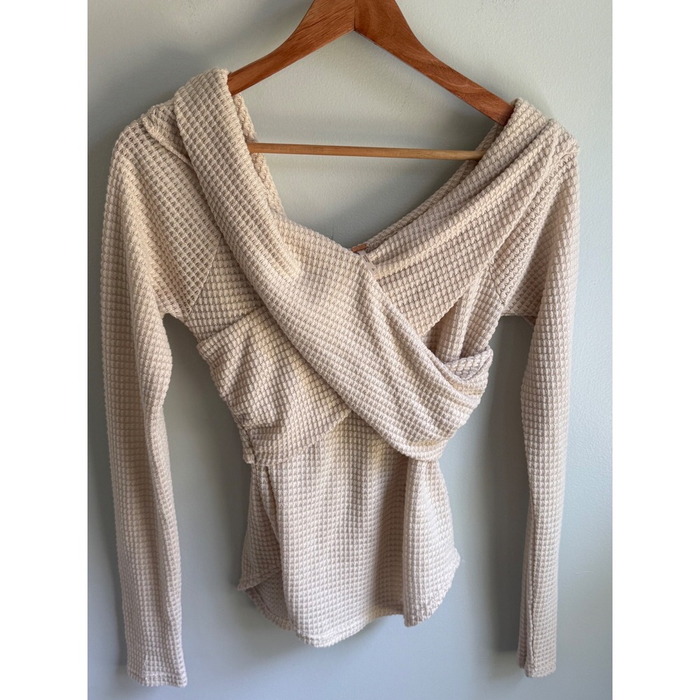 Free People Cream Beige Waffle Knit Wrap Front Thermal Top Long Sleeve Small